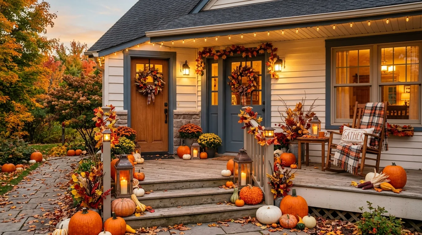 Fall porch with pumpkins and lanterns boosting curb appeal
